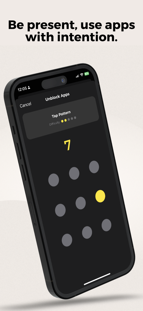 Interfaz de la aplicación Unpluq que muestra una barrera de distracción de patrón táctil para fomentar el uso intencionado del smartphone