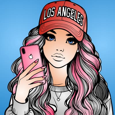 realistic beautiful girl wearing los ángeles cap holding an iphone