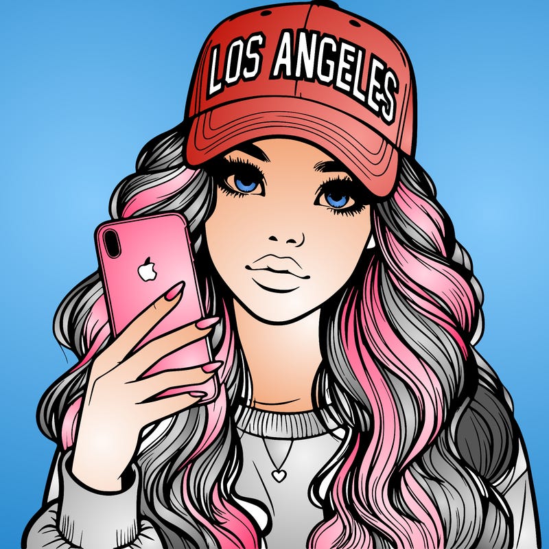 realistic beautiful girl wearing los ángeles cap holding an iphone