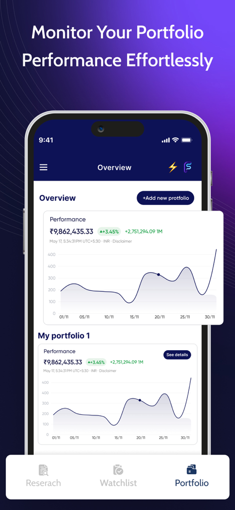 FS Insight - FS Insight mobile app screen showing a portfolio performance overview with growth charts and financial data