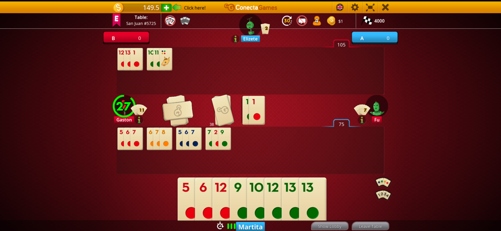 Burako - A multiplayer Burako match with numbered tiles and player names