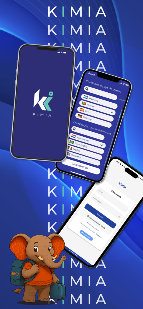 Kimia Lite - Kimia Lite mobile app interface displaying country selection for international parcel delivery and login screens