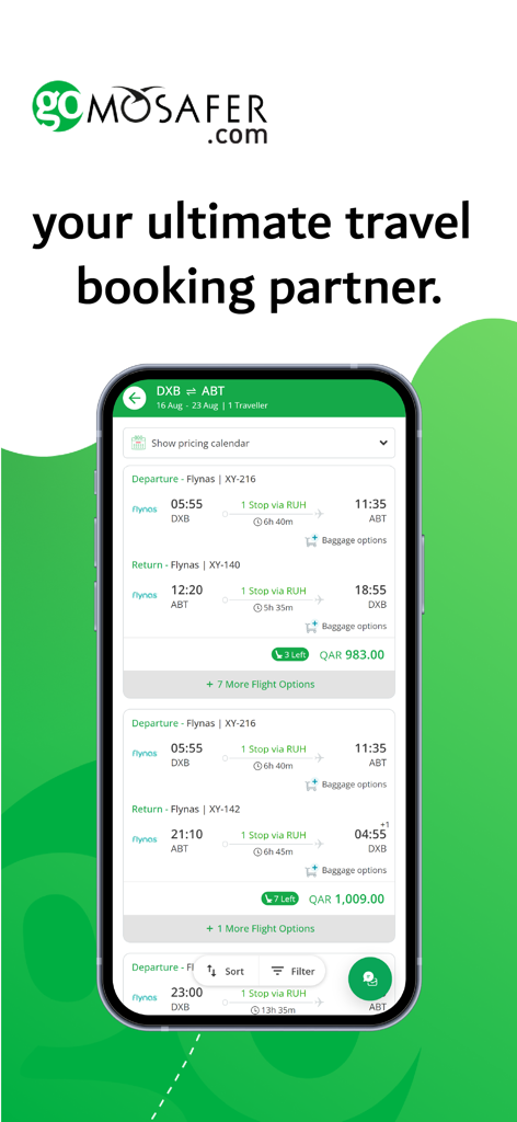 GoMosafer.com - GoMosafer mobile app interface showing flight search results and booking options