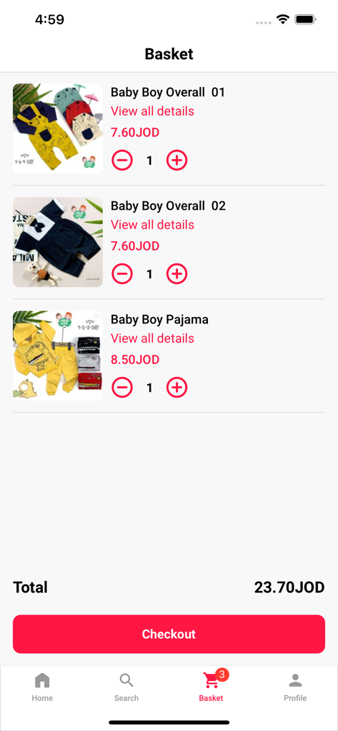 ABCD Bebek mobile app shopping cart screen showing baby clothes and checkout button