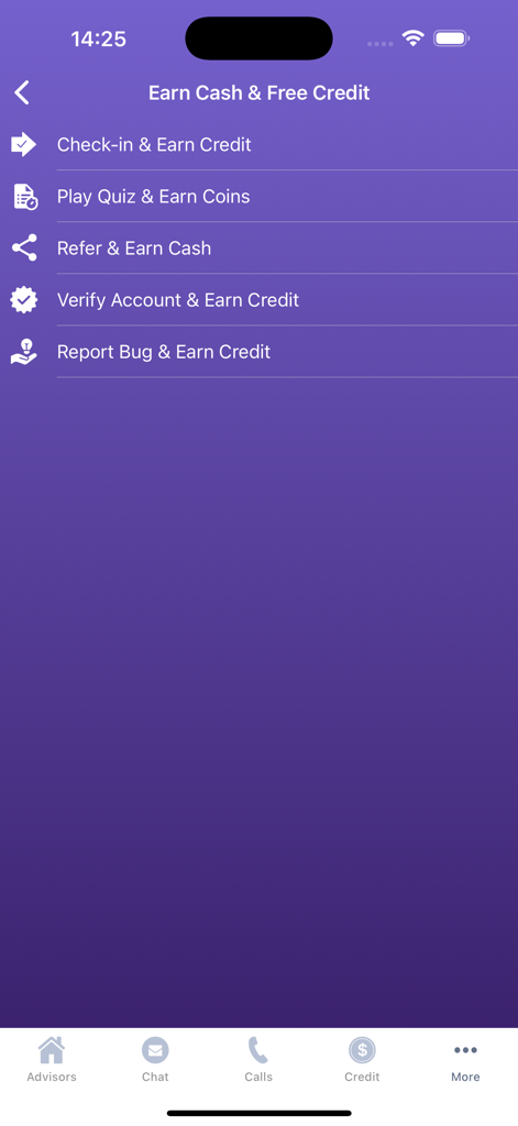 Live Psychic Chat - Interface of the Live Psychic Chat app showing different ways to earn cash and free credits through quizzes referrals and check ins