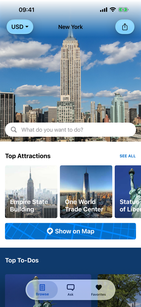 New York travel guide app interface featuring top city attractions