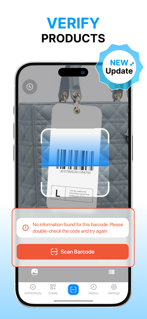 iPhone screen showing the Scan QR Code Master app scanning a barcode on a luxury handbag to verify product authenticity