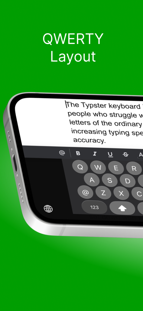 Typster app showing a large QWERTY keyboard layout with big circular keys for improved accessibility and typing accuracy