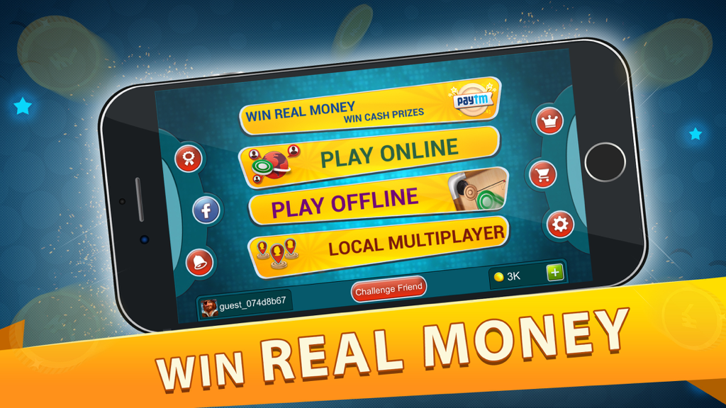 Carrom Live! - Main menu screen of the Carrom Live mobile game displaying options for online play offline play and local multiplayer with a win real money banner