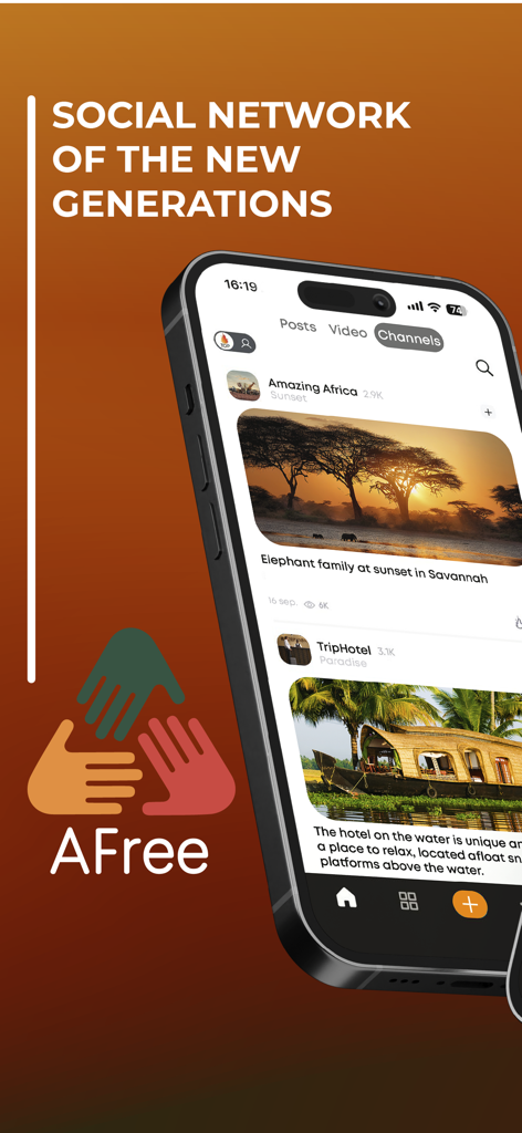 AFree 소셜 네트워크 앱의 채널 피드를 보여주는 인터페이스, 아이폰에서 여행 및 자연 콘텐츠 표시