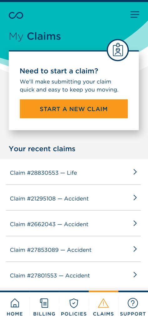 Painel de sinistros no aplicativo de seguro MyCombined mostrando um botão para iniciar um novo sinistro e uma lista de sinistros recentes.