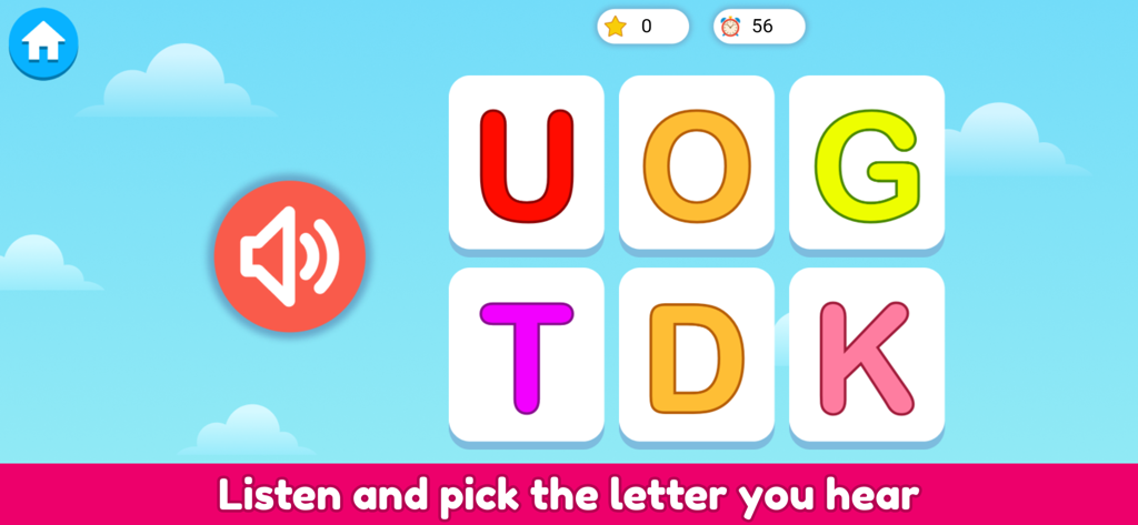 A phonics learning game screen where children listen to a sound and select the corresponding alphabet letter card