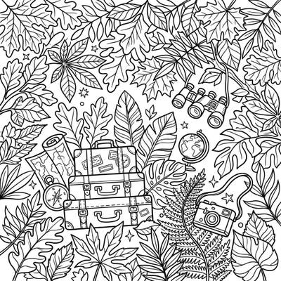 Unpack your creativity with this delightful coloring page featuring an exciting blend of lush forest leaves and classic travel essentials. Get ready to explore a world of imagination, combining the beauty of nature with the thrill of a vacation.