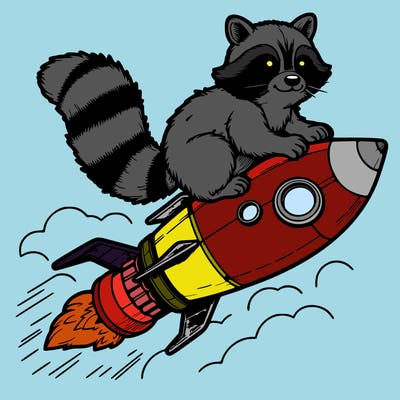realistic raccoon flying on top rocket ship