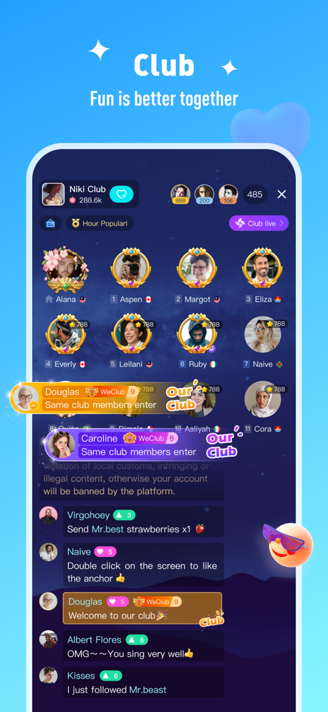 Uma captura de tela do aplicativo Niki Live mostrando o recurso de Clube com vários perfis de usuário em molduras douradas e uma interface de chat ao vivo.