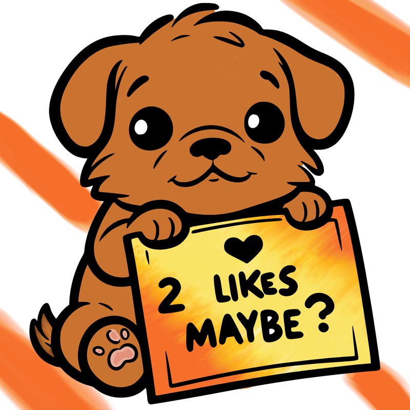 a puppy holding a sign that says 2 likes maybe?