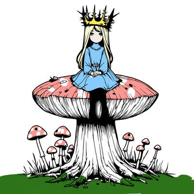 realistic girl sitting on a huge tree stump size toadstool with thorn crown