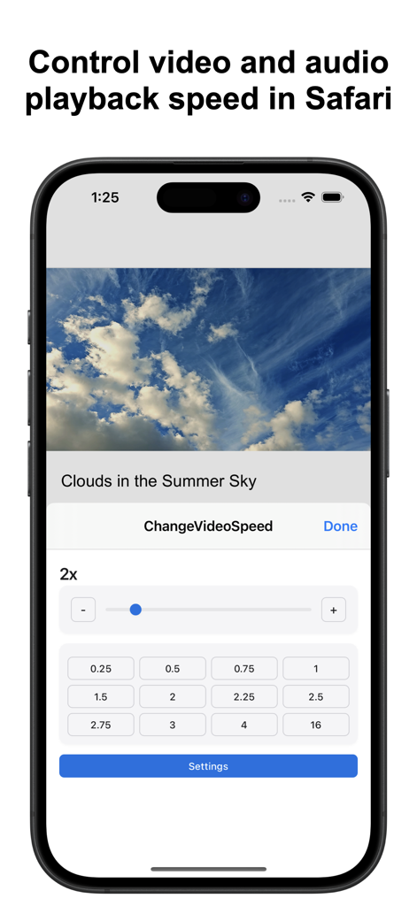 iPhone interface of Change Video Speed for Safari extension showing playback speed presets and slider.