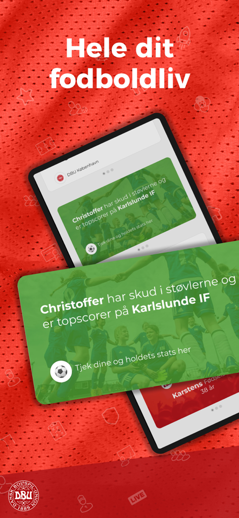 The Fodbold app interface showing a player news card and team statistics for Danish football