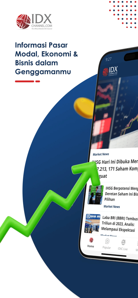IDX CHANNEL app interface showing Indonesian stock market news and a rising green arrow