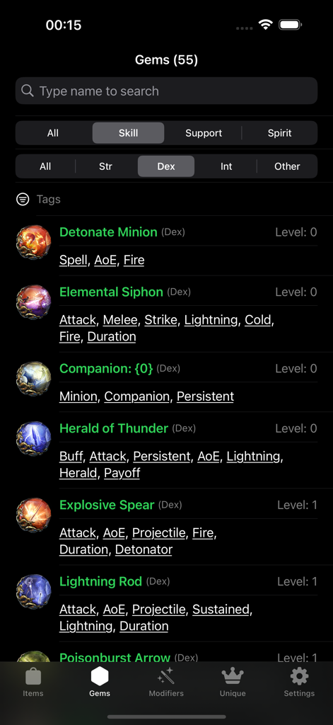 A searchable database of skill gems for Path of Exile 2 showing various skills and their attributes.