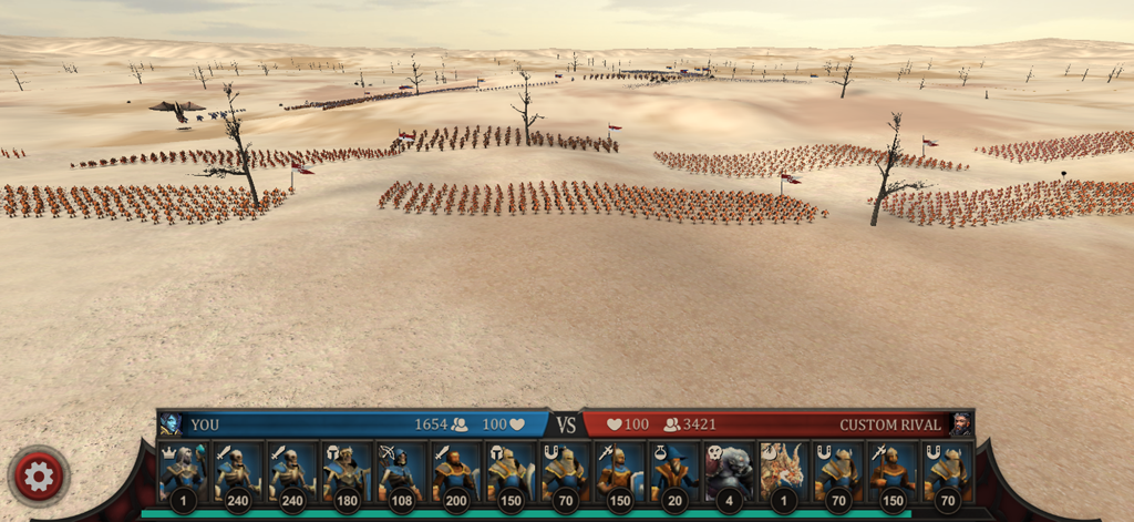 Wide desert battlefield with massive fantasy army formations and unit selection UI in Epic Battles Online.