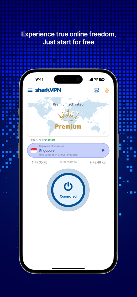 Shark VPN: Secure & Affordable - Smartphone-Bildschirm, der die Shark VPN App-Oberfläche mit einer aktivierten Premium-Sicherheitsverbindung zeigt
