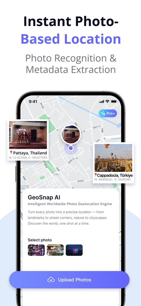 Interface de l'application GeoSnap AI montrant l'emplacement instantané basé sur photo sur une carte mondiale