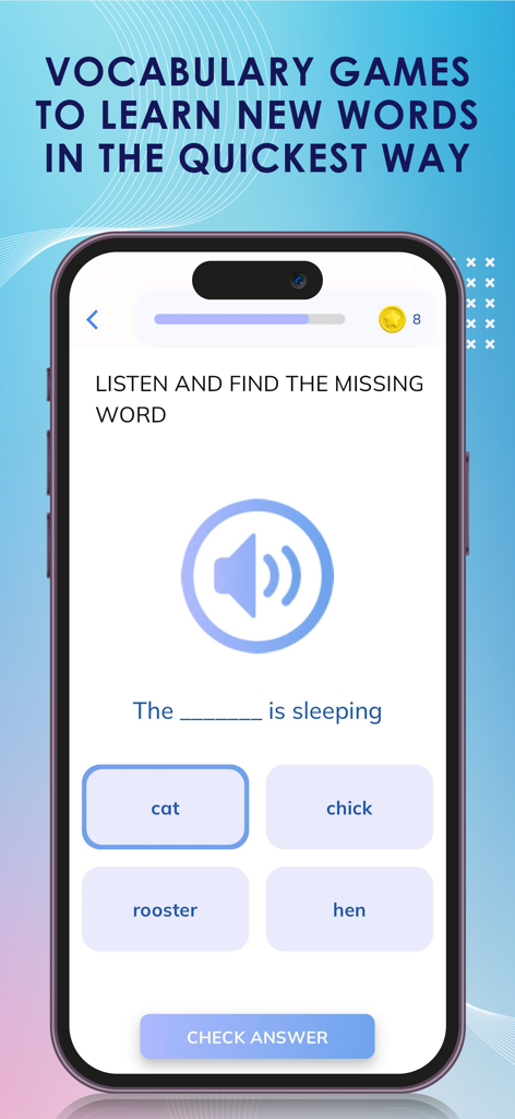 Kurdish English Dictionary + - Interface of the Kurdish English Dictionary app showing an interactive vocabulary game for learning new words