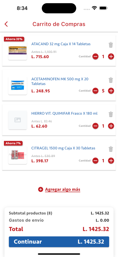 Farmacias Punto Farma - Interfaz del carrito de compras de la aplicación Farmacias Punto Farma mostrando los medicamentos seleccionados y el precio total en Lempiras