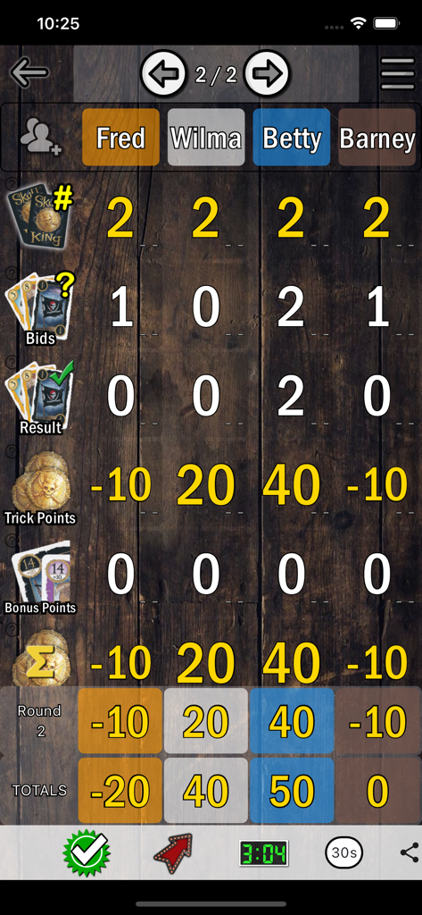 Board Game Buddy - Digital custom scoresheet for the card game Skull King showing player points and round totals in the Board Game Buddy app