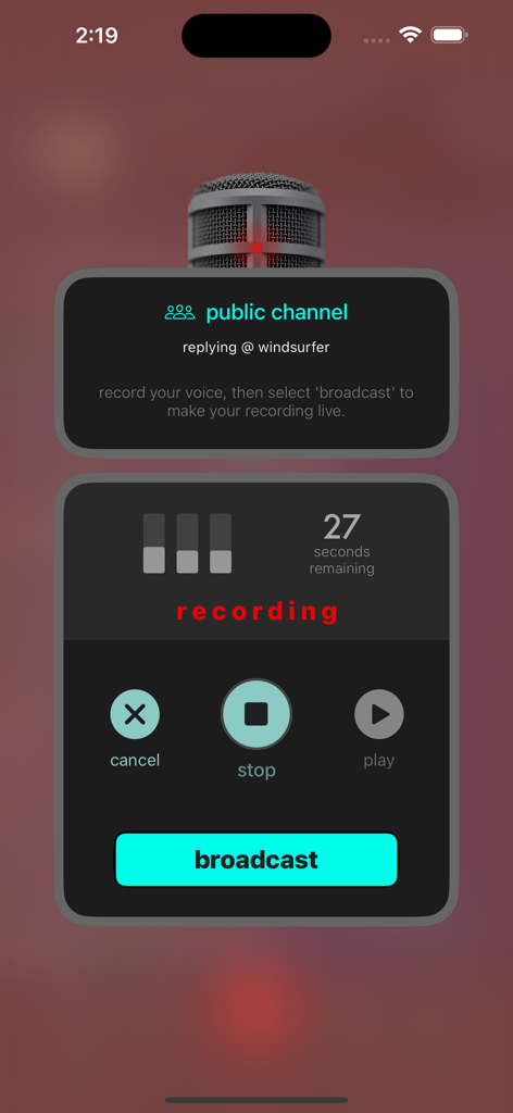 YapSpot app showing a voice recording screen for a public channel broadcast