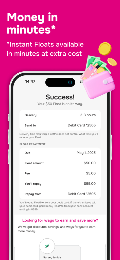 FloatMe mobile app success screen confirming a fifty dollar cash advance