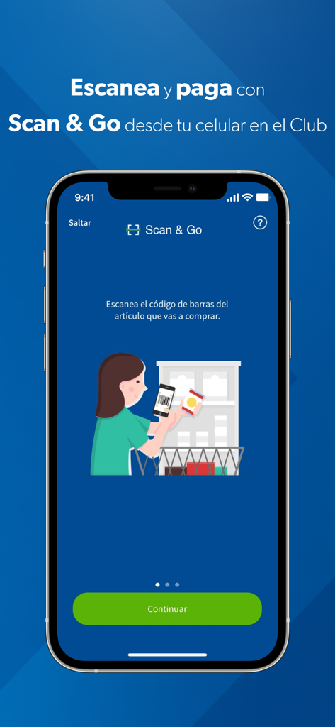 Sams Club Mexico app interface for the Scan and Go feature showing an illustration of a user scanning a product barcode