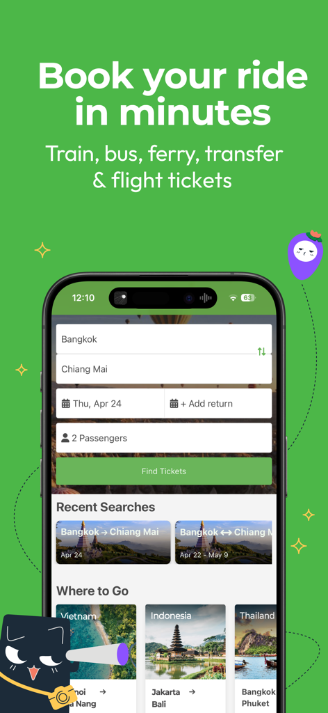 12Go Train Bus Ferry Flight - Interface de l'application mobile 12Go montrant les options de recherche de transport pour les billets de train, bus, ferry et vol