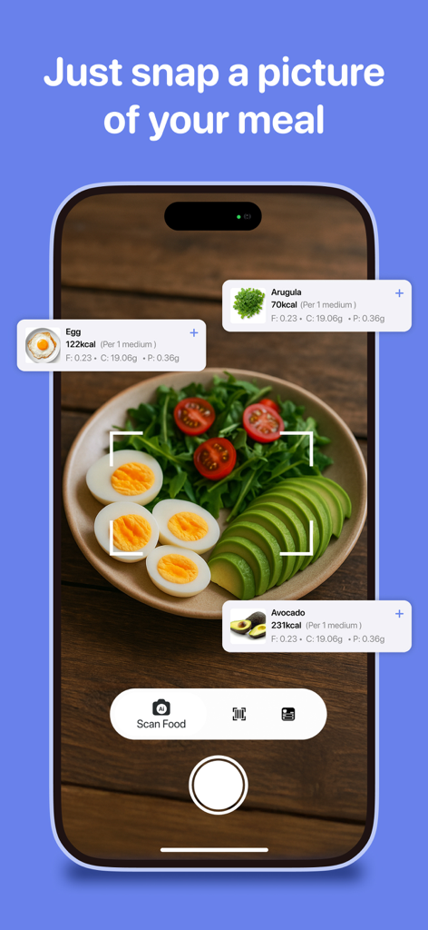 Función de escaneo de alimentos con IA de la aplicación Calory identificando ingredientes de comidas y calorías