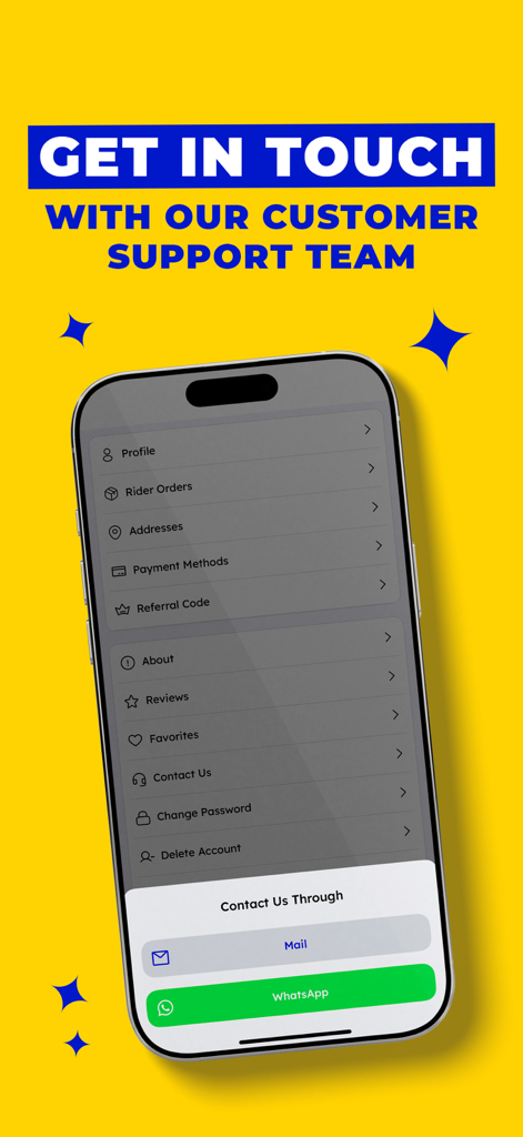 Tekram Delivery - iPhone screen showing Tekram Delivery customer support options including Mail and WhatsApp buttons