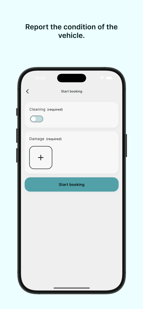 WeGo Carsharing - A smartphone screen from the WeGo Carsharing app showing the vehicle condition report page with options for cleaning and damage status before starting a booking.
