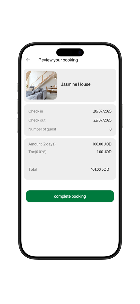 JRE : Hotel, Apartments - JRE app screen showing a summary of a booking for Jasmine House with total price in JOD