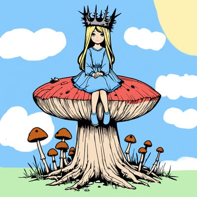 realistic girl sitting on a huge tree stump size toadstool with thorn crown
