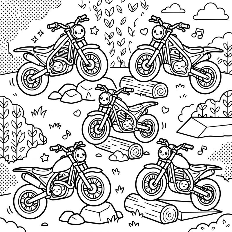 Get ready for an adorable off-road journey with these charming Kawaii trial motorcycles. Each bike is packed with personality, eager for you to bring its adventurous spirit to life with your favorite colors.