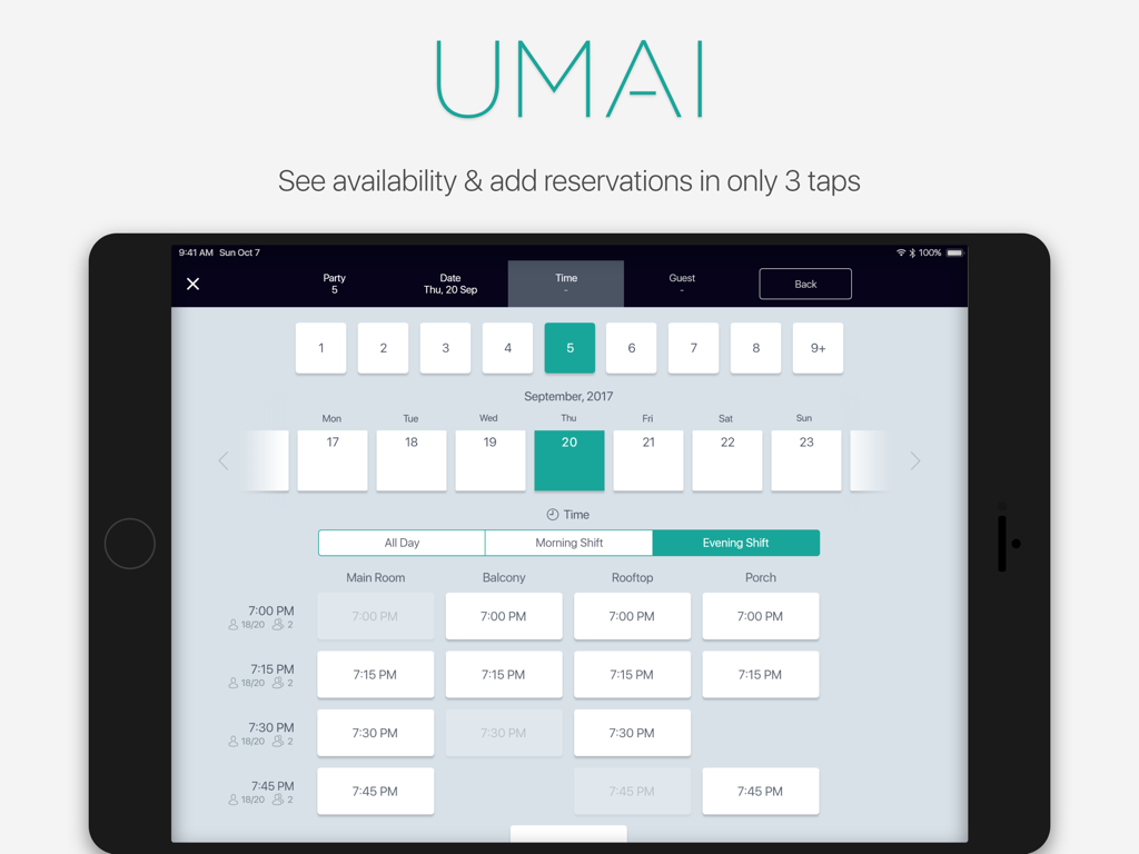 UMAI 360 iPad interface for managing restaurant reservations and table availability across different dining sections