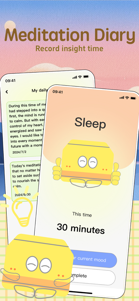 Insight Timer - Meditation - Insight Timer app interface showing a meditation diary and a sleep tracking screen with a cute yellow character.