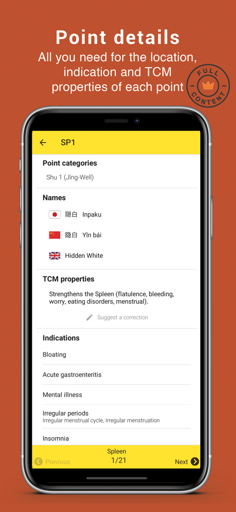 Tsubook - Acupuncture point details for SP1 showing names in multiple languages and clinical indications