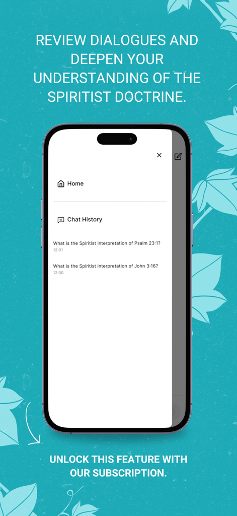 Chico - Spiritual Guide - Mobile app interface showing the chat history screen for discussing the spiritist doctrine and an invitation to unlock the feature with a subscription.