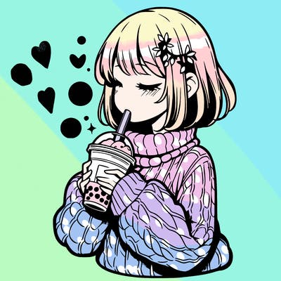 manga girl drinking boba in cozy sweater