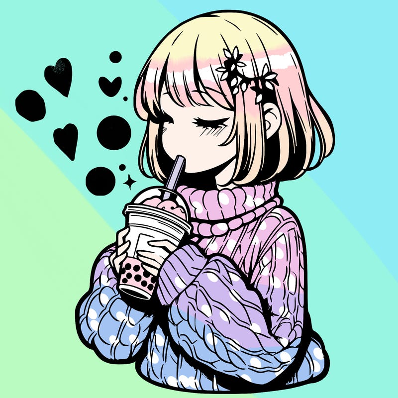 manga girl drinking boba in cozy sweater