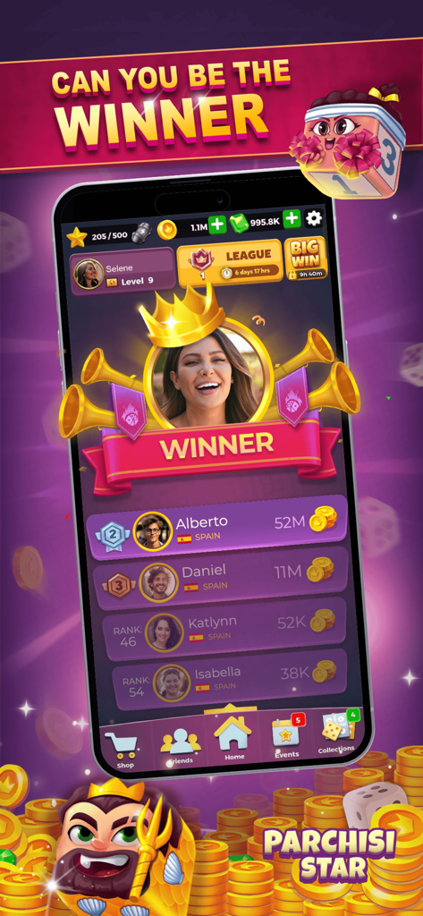 Un teléfono móvil mostrando la pantalla de victoria de Parchisi STAR con una tabla de clasificación de los mejores jugadores