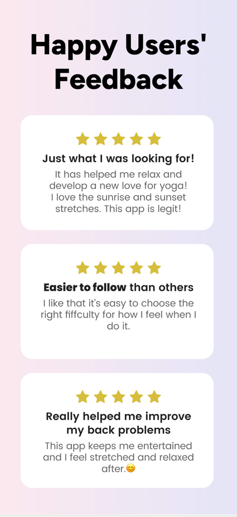Testimonios de clientes y calificaciones de cinco estrellas para la aplicación Yoga para Principiantes Pilates, destacando la satisfacción del usuario y los beneficios para la salud