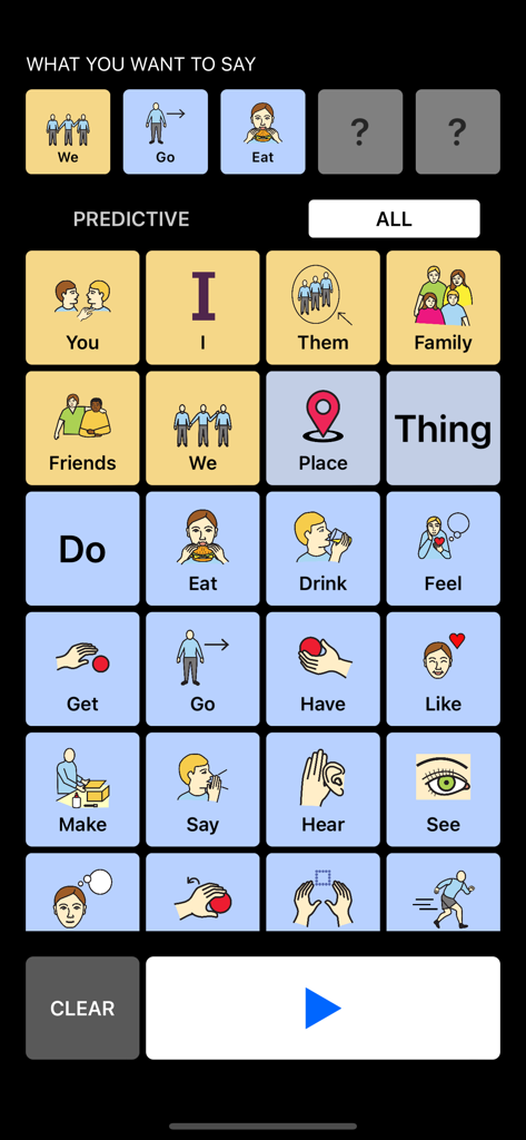 The user interface of the Speak Your Mind AAC app showing a grid of word icons and a sentence construction area.